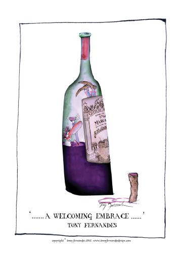 3) A Welcoming Embrace - fun red wine print by Tony Fernandes